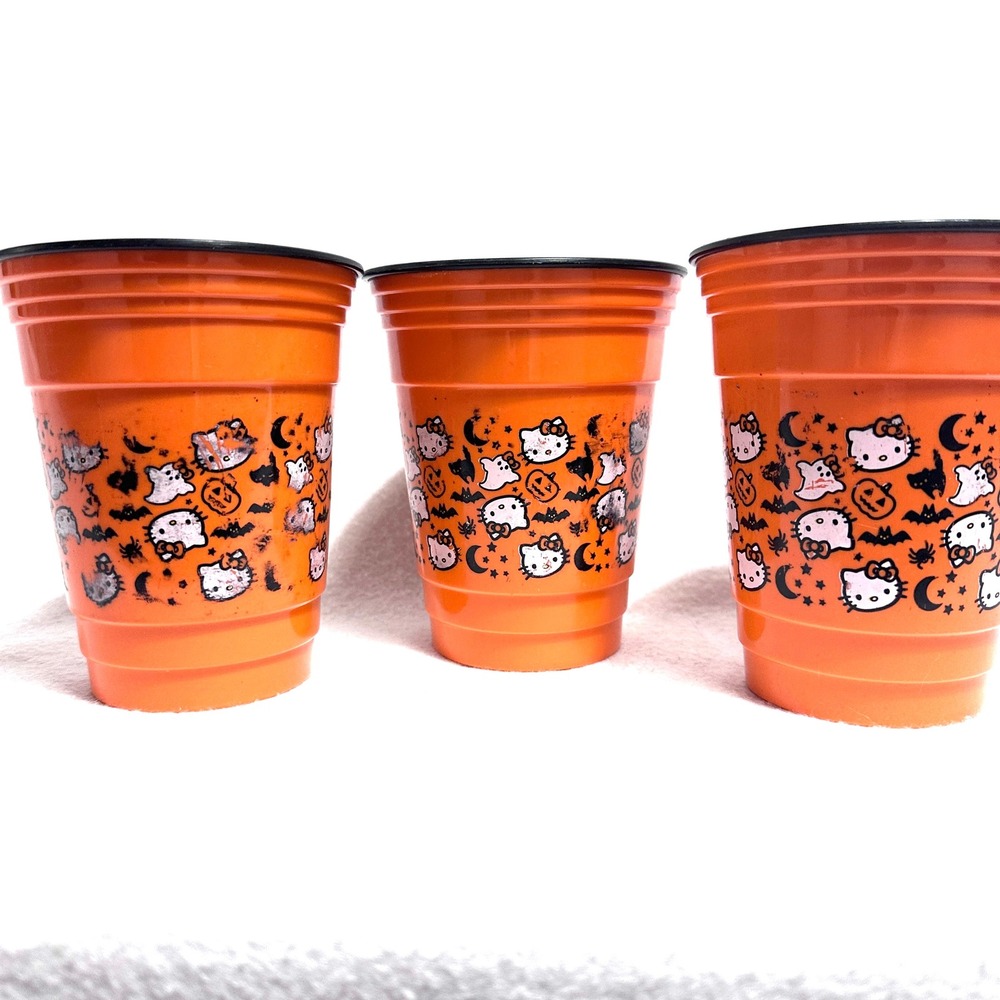 Hello Kitty Halloween Reusable Plastic Cups Set of 3 Ghost Pumpkin Orange Sanrio